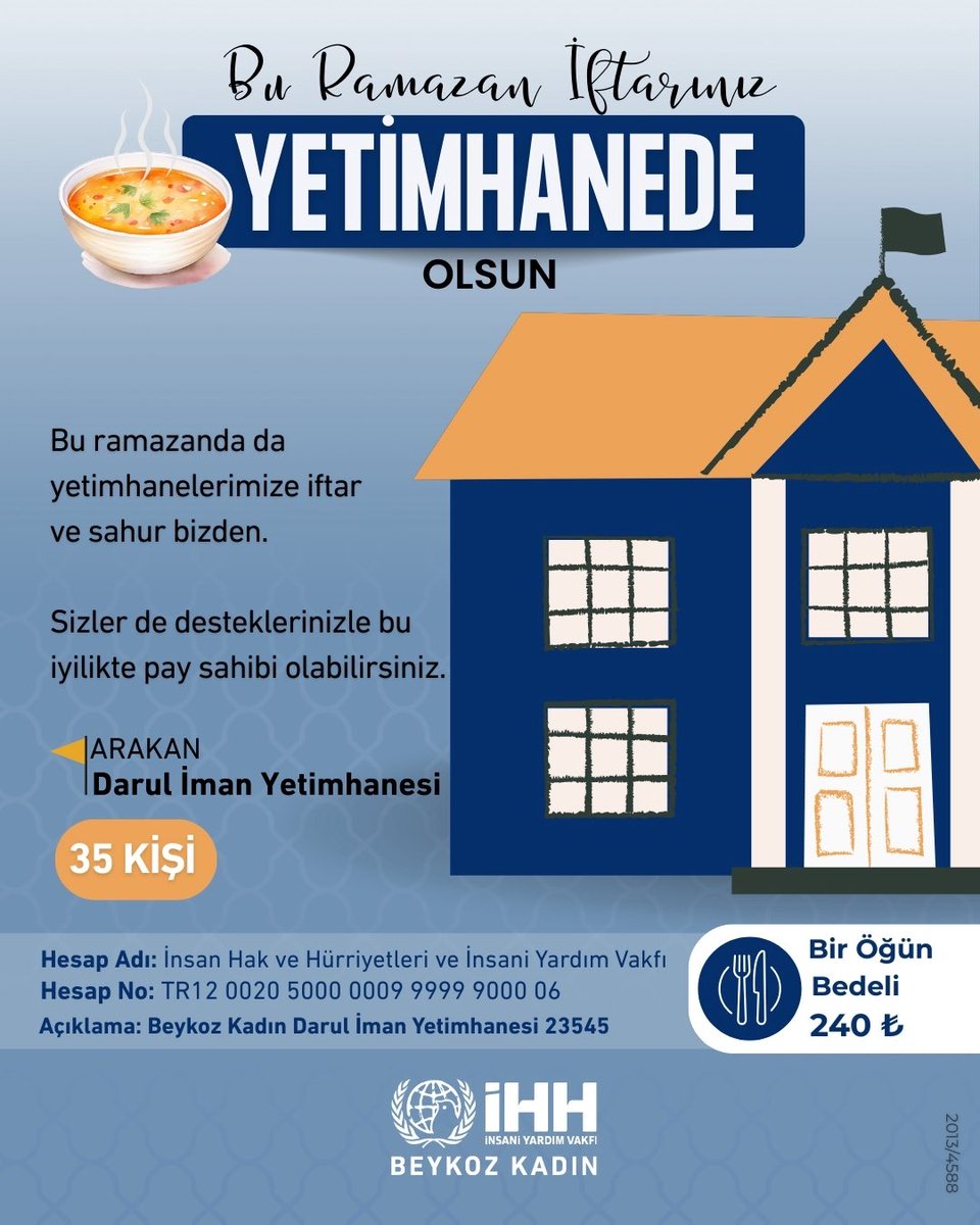 "Bu Ramazan İftarınız Yetimhanede Olsun"🌙

Bu ramazanda da yetimhanelerimize iftar ve sahur bizden.🍛

Sizler de desteklerinizle bu iyilikte pay sahibi olabilirsiniz.