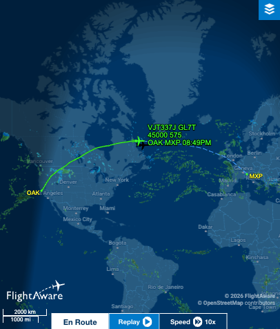 JoePompliano's tweet image. It looks like NBC chartered two Bombardier Global 7500 private jets to transport Mike Tirico and others from the Super Bowl to the Olympics.

They left California at 1:30 am local time and will land at 9 pm in Milan — roughly 6,000 miles and 10+ hours of total travel time.