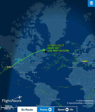 JoePompliano's tweet image. It looks like NBC chartered two Bombardier Global 7500 private jets to transport Mike Tirico and others from the Super Bowl to the Olympics.

They left California at 1:30 am local time and will land at 9 pm in Milan — roughly 6,000 miles and 10+ hours of total travel time.