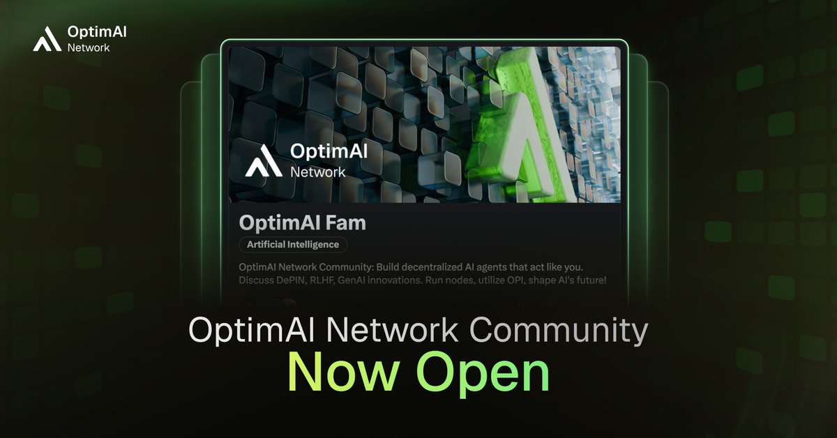 OptimaiNetwork's tweet image. The OptimAI Network Community is open.

If you’re exploring decentralized AI, DePIN, DeHIN, or Agentic AI, this is where the conversation is happening.
Run nodes, learn OptimAI infras, launch your agents, and build with us.

Join here 👇
x.com/i/communities/…