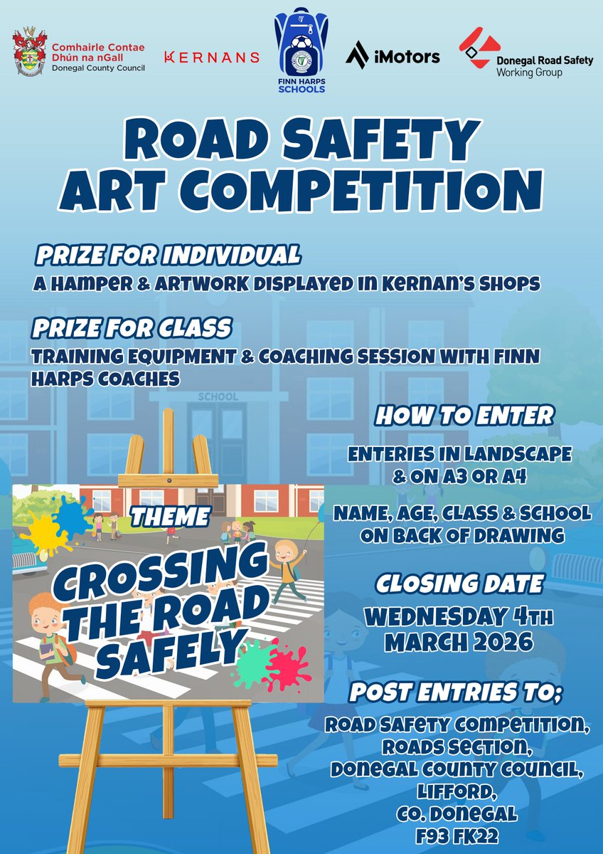 🎨 Road Safety Art Competition 🎨

Finn Harps Academy &amp; Donegal County Council are once again delighted to announce our Road Safety Art Competition. 

This year's theme is "Crossing the Road Safely". 
Check below on how to enter this years competition.

Good luck to everyone!