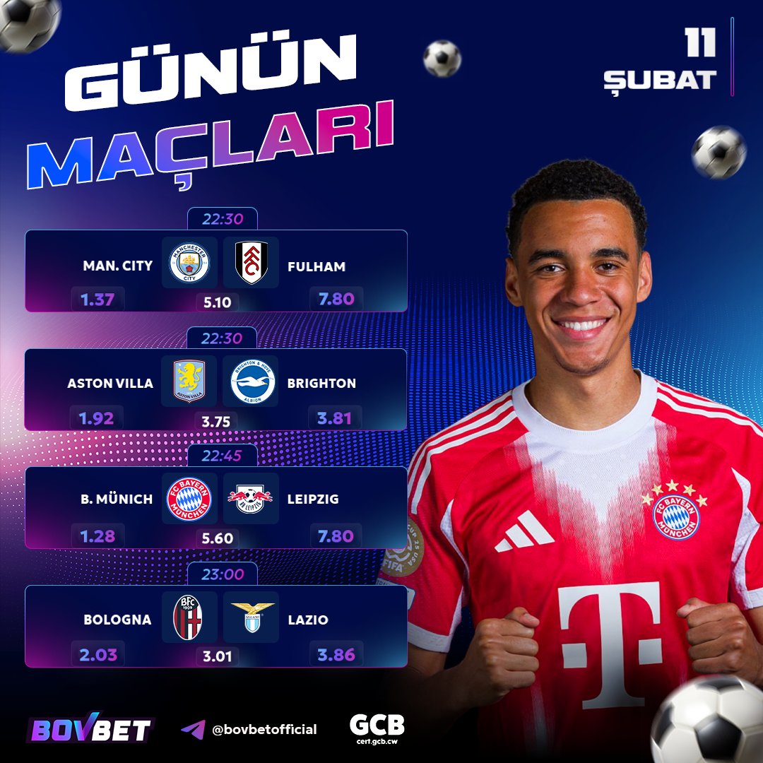 🥇 Günün Favori Karşılaşmaları Burada! ⚽

🏆22:30 Man. City - Fulham
🏆22:30 Aston Villa - Brighton
🏆22:45 Bayern Münih - Leipzig
🏆23:00 Bologna - Lazio

👉 cixi.bio/bovbetx