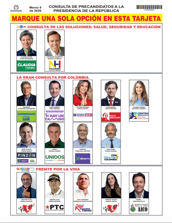El registrador nacional, Hernán Penagos, presentó el modelo definitivo de la tarjeta electoral para las consultas del próximo 8 de marzo.

El nuevo diseño incluye los nombres de cada consulta en color rojo, separados por un recuadro de color negro. “Es muy intuitiva y no da lugar