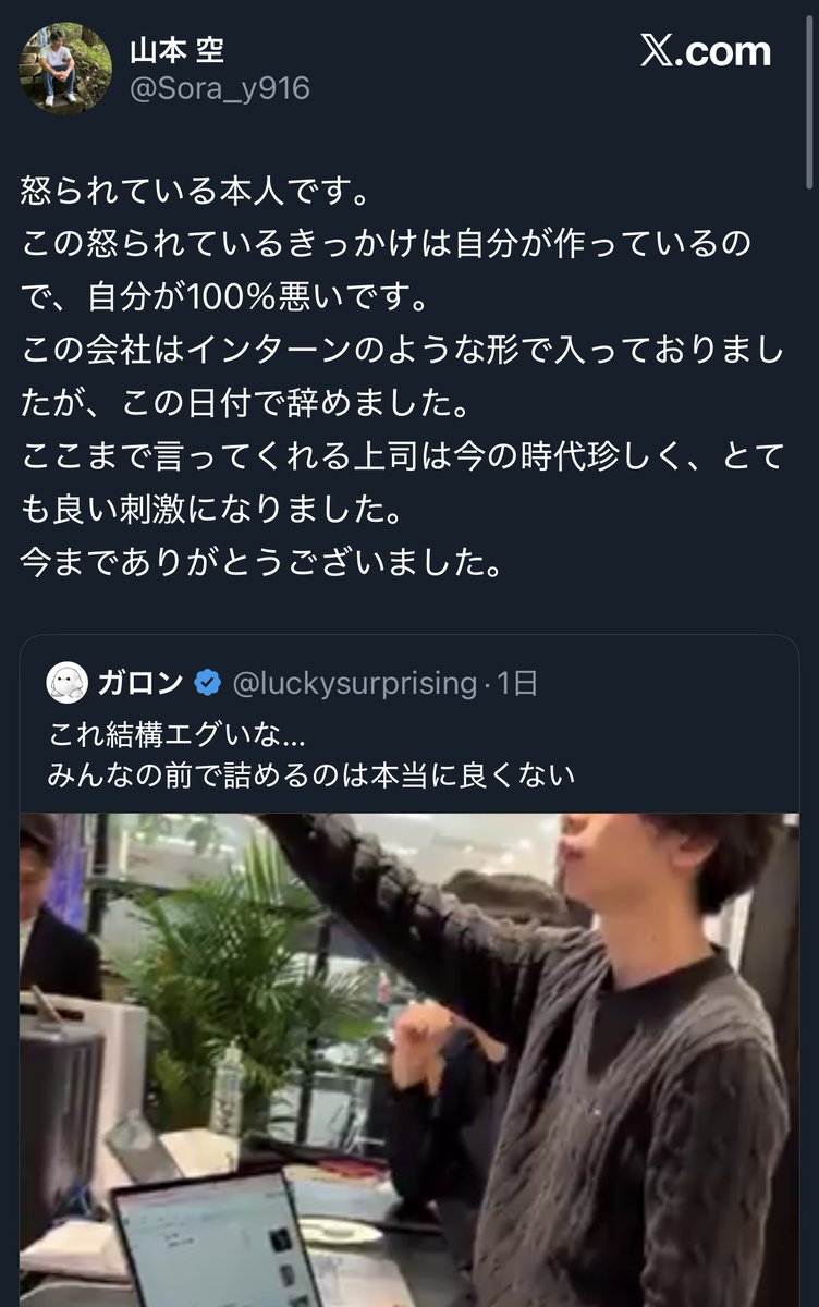 パワハラの専門家です。貴殿は「誤解を招く内容」と仰いますが、動画のやりとりは明確な「パワハラ」であり、「誤解」の余地はありません。

・指導者⇒インターン生という優越的関係を背景とし、
・複数人の前で吊し上げるように
　「いてもいなくても変わんない。クビ」
　「どうこれ?