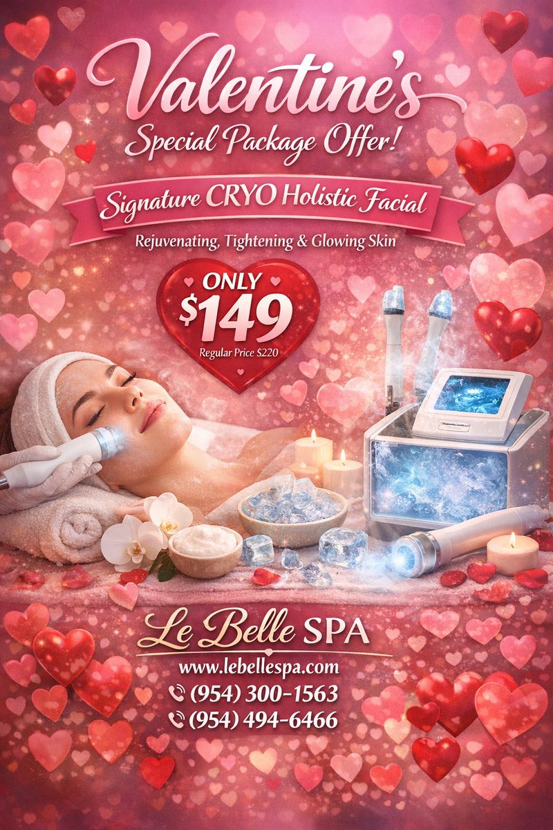 SpaLebelle's tweet photo. Valentine’s CRYO facial promo 💖

CRYO Facial is a totally Holistic technology that cools the skin rejuvenating, tightening, has lifting effect, reduce appearance of fine lines and wrinkles. Increase production of collagen.

#LeBelleSPA #LeBelleGlow #GlowWithLeBelle https://t.co/V4Q9DlqZyw