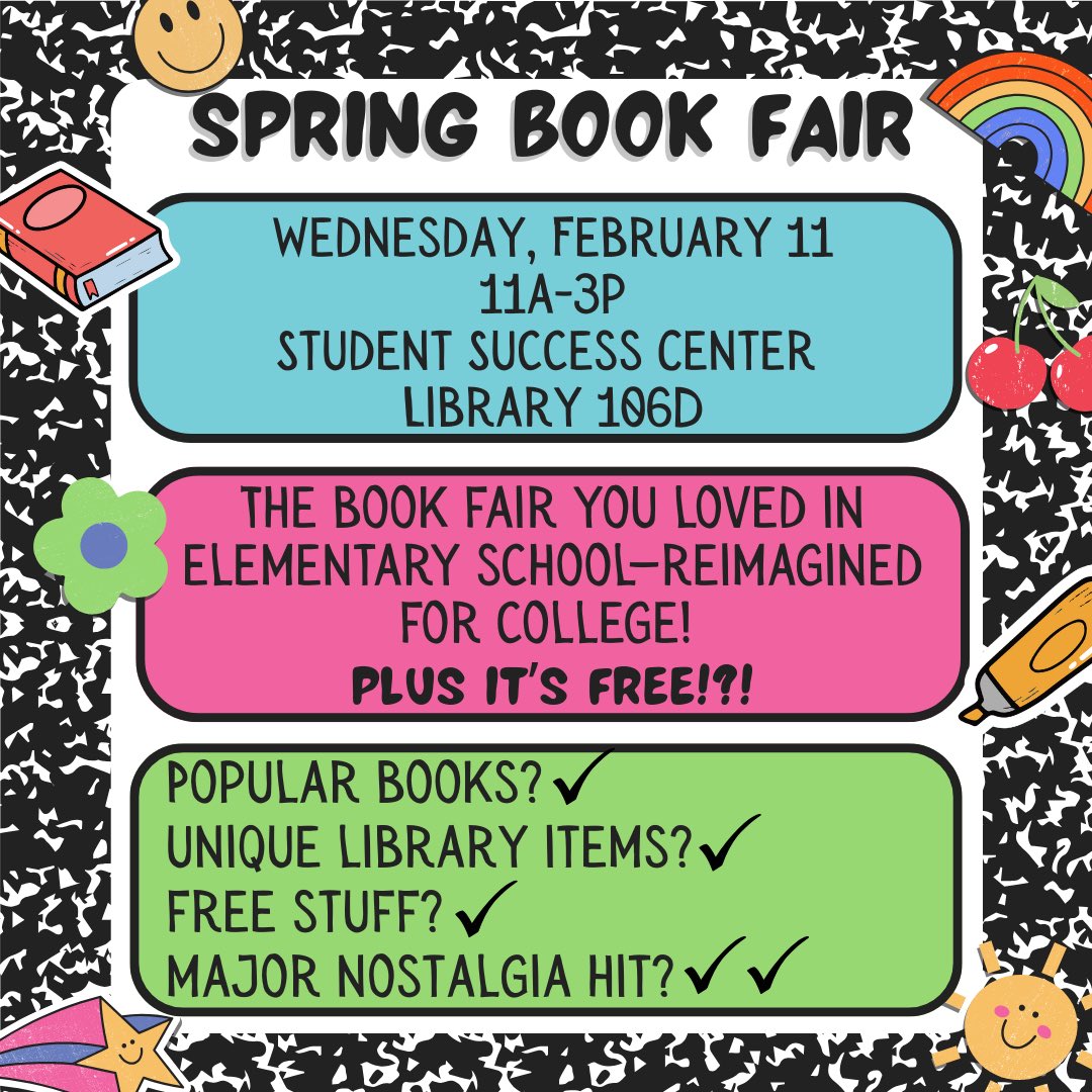 BOOK FAIR IS BACK! ✏️📖✨
Join us this Wednesday from 11 am to 3 pm for our Spring Book Fair!! Check out popular books, discover unique items from the library, and snag free trinkets and toys that will bring on a major nostalgia hit! Just don’t forget to bring your Colonel Card!
