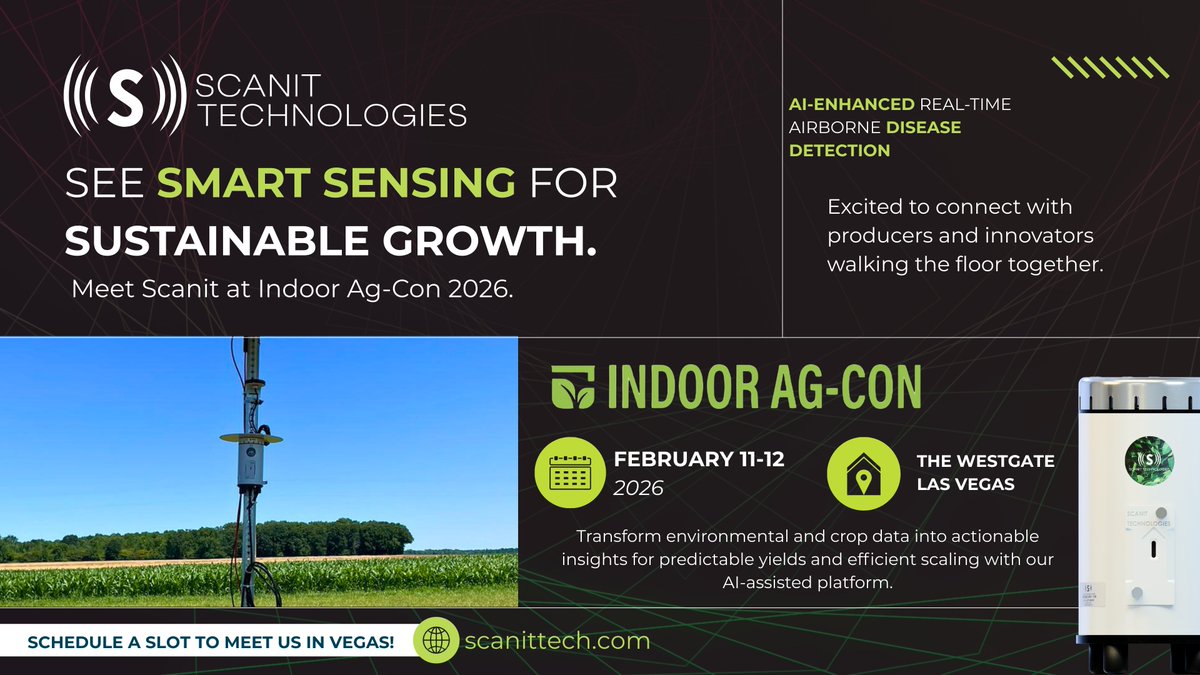 🌱 Excited for <a href="/indooragcon/">Indoor Ag-Con</a> 2026 in Vegas (Feb 11-12)!
Join us to discover how Scanit’s AI-enhanced monitoring transforms #crop and climate data into actionable insights for efficient growth. 
Let’s meet! Schedule a chat with Jaydeep and Ryan: bit.ly/Booktime-1-1-D… 
#Sporecam