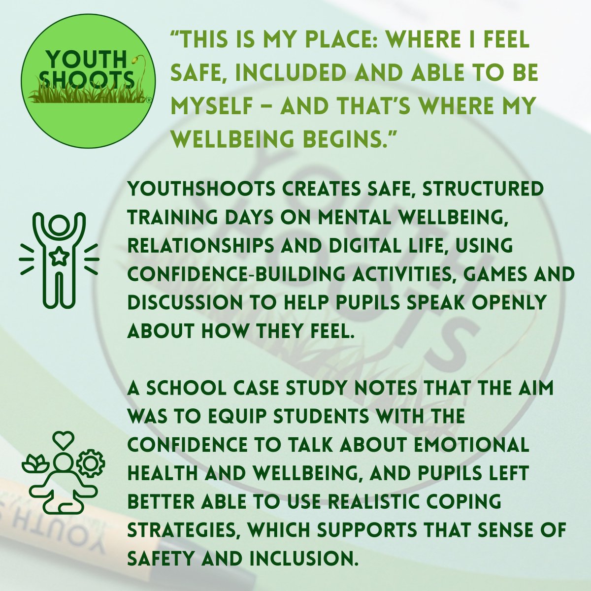 YouthShoots's tweet photo. This week is #ChildrensMentalHealthWeek & this years theme is #ThisIsMyPlace & #Belonging. The work of YouthShoots focuses on building this sense of belonging throughout our engagement with #youngpeople in their respective #schools and #multiacademytrust
#Wellbeing #education https://t.co/yyXagFxhFC