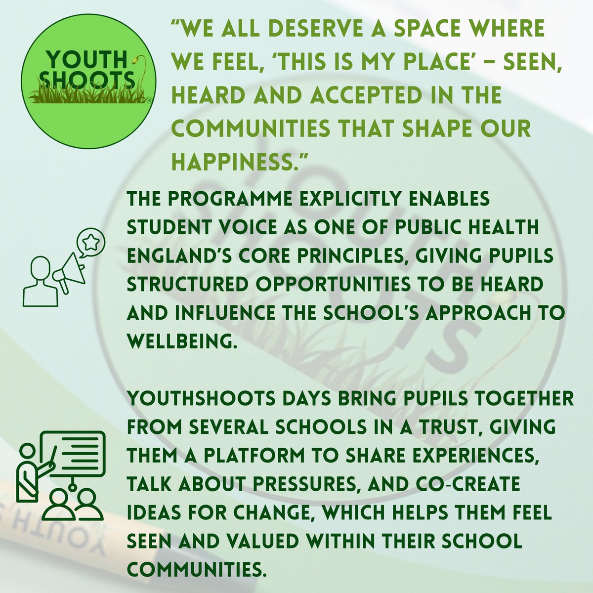 YouthShoots's tweet photo. This week is #ChildrensMentalHealthWeek & this years theme is #ThisIsMyPlace & #Belonging. The work of YouthShoots focuses on building this sense of belonging throughout our engagement with #youngpeople in their respective #schools and #multiacademytrust
#Wellbeing #education https://t.co/yyXagFxhFC