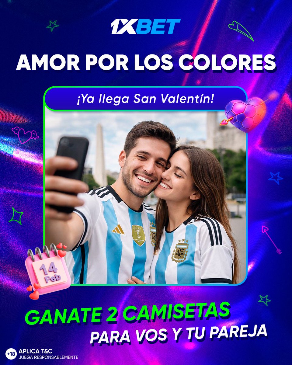 Se viene #SanValentin y en #1XBET celebramos el amor... por los colores 😍🩵🤍

Enviamos una foto con tu pareja vistiendo los colores de tu club o de la Selección y participá por 2⃣ camisetas de #Argentina, una para cada uno 😉

Sortearemos 3⃣ pares de camisetas y vos podés ser