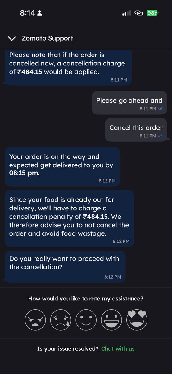 Jsagar123's tweet photo. @zomato @zomatocare this is what I get if I wish to report that delivery partner is not travelling towards my location from past 15 minutes https://t.co/A1v4tdudqw
