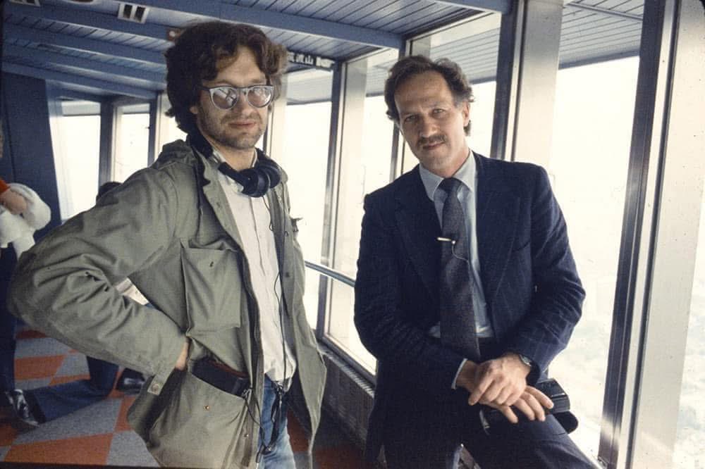 slowberlin's tweet image. Wim Wenders and Werner Herzog, 1985 🔥