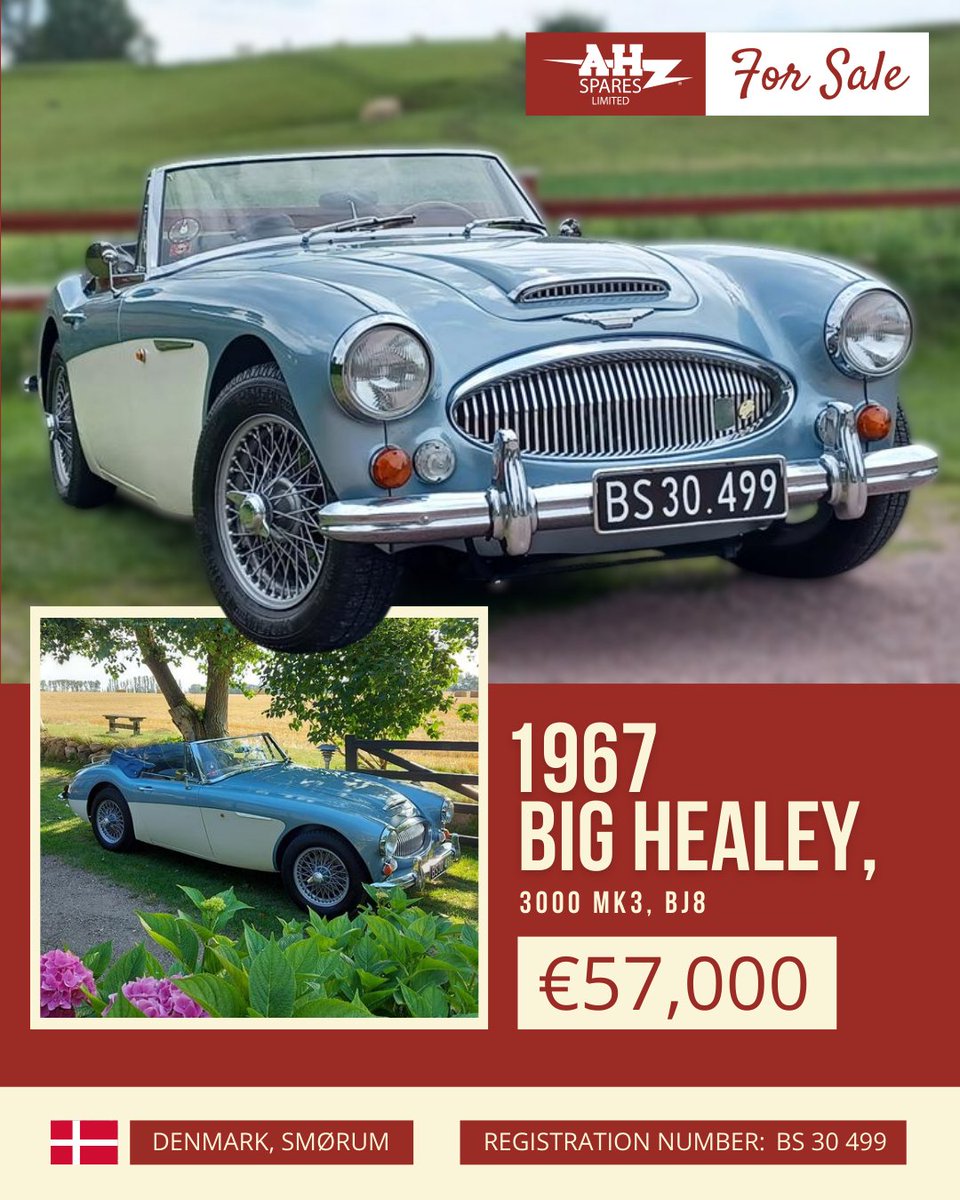❗1967 Big Healey, 3000 MK3, BJ8❗

💰 €57,000
📍 Denmark, Smørum
🚘 BS 30 499

Rare two-owner car with matching numbers, used only for summer. Fully restored 2009–11, maintained since. Includes original papers, invoices &amp; restoration photos

More info: rb.gy/dab70o
