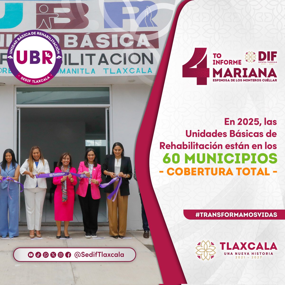 El <a href="/SedifTlaxcala/">SEDIF Tlaxcala</a>  llevamos la atención en #rehabilitación a todo el estado. ♿💜
En 2025, las UBR tienen presencia en los 60 municipios, logrando cobertura total.
Más cercanía, más inclusión.
#TransformamosVidas #4toInformeSEDIFTlaxcala <a href="/Mariana_tlx/">Mariana Espinosa de los Monteros</a> , presidenta honorífica.