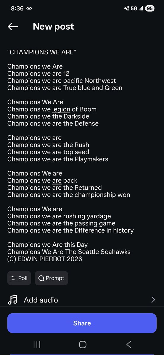 edwinpierrot13's tweet photo. "CHAMPIONS WE ARE"
@seahawks @BlitzTheSeahawk @12s @SeahawksCanada
#Poetry #Poem #Songwriting #CountryMusic #Inspiration #Motivation #MondayMotivation #GoodMorning #Seahawks #SeattleSeahawks #Weare12 #12s #LegionOfBoom #BlitzTheSeahawk #SuperBowlLX #Superbowl
#VictoryMonday https://t.co/5GhtMUh97q