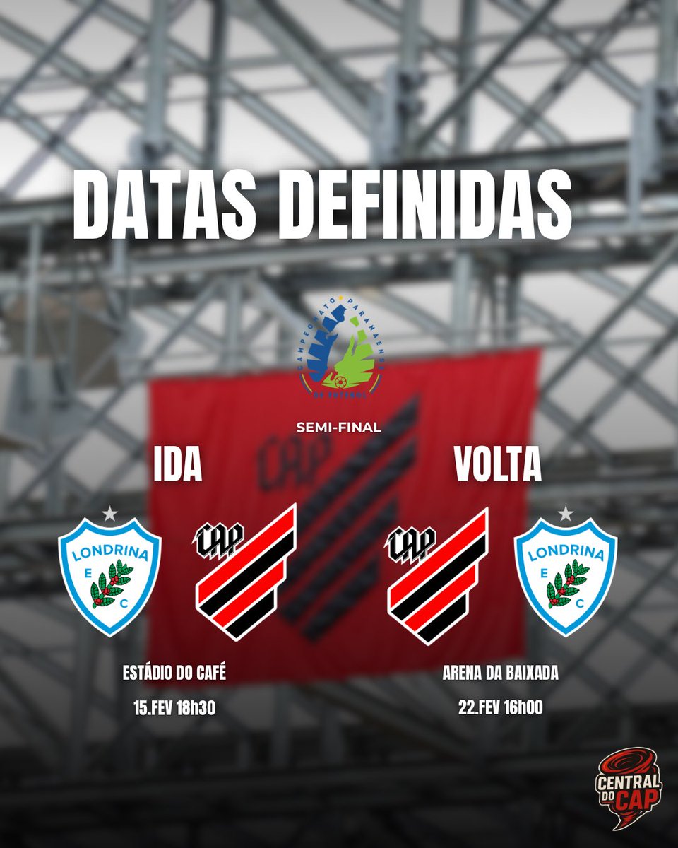 CentraldoCapz's tweet photo. 📆TABELA DEFINIDA DAS SEMI FINAIS
#LECxCAP
🕦15/02 (dom) 18h30
🏟️Estádio do Café
📍Londrina, PR
#CAPxLEC
🕦22/02 (dom) 16h00
🏟️Arena da Baixada
📍Curitiba, PR
#Athletico #CampeonatoParanaense https://t.co/Urgh7z8ihz