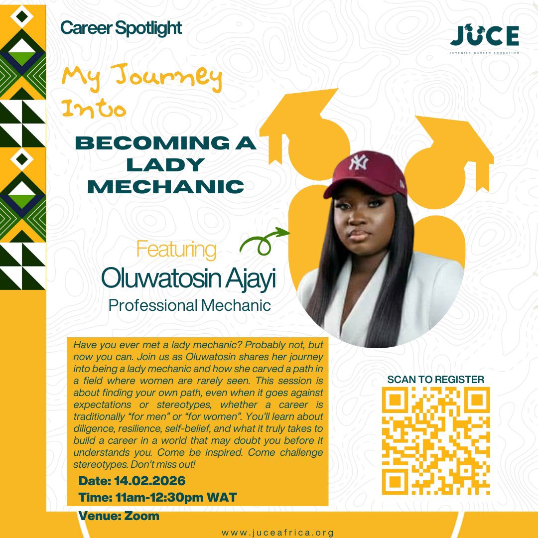 JuCEAFRICA's tweet photo. Have you ever met a lady mechanic? Probably not. Join us as Oluwatosin shares her journey into being a lady mechanic and how she carved a path in a field where women are rarely seen. This session is about finding your own path, even when it goes against expectations… https://t.co/ZP6P10Sa5k