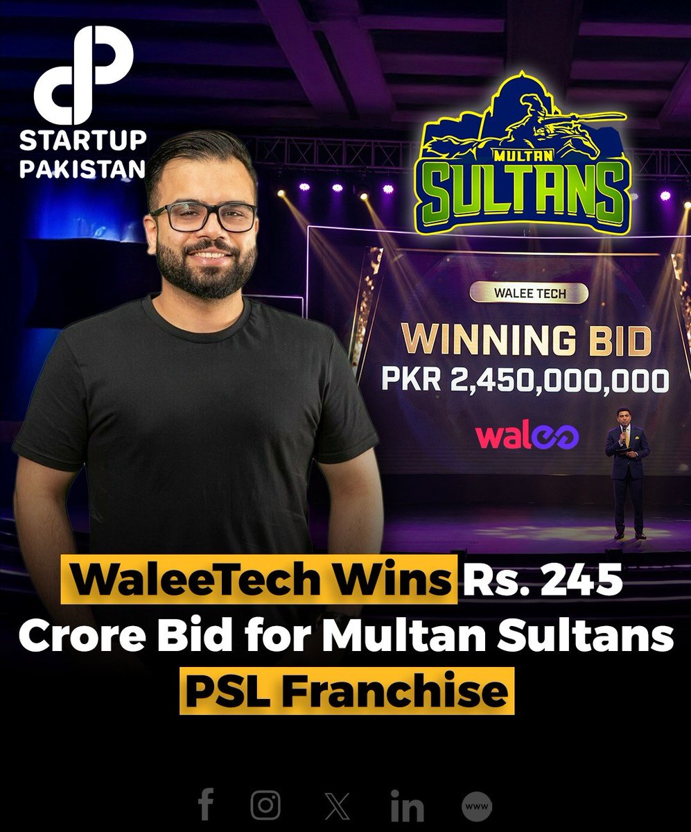PakStartup's tweet photo. WaleeTech Wins Rs. 245 Crore Bid for Multan Sultans PSL Franchise
Disclaimer: This content is shared for general informational purposes only. Cost estimates are based on publicly available sources and may vary over time.
#WaleeTech #MultanSultans #PSL #PSL11 https://t.co/VSBRTnsz75