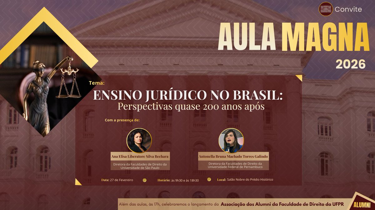 Convidamos a comunidade acadêmica para as Aulas Magnas da Semana Acadêmica 2026.
Dia 27/02 às 09h30 e 18h30 no Salão Nobre do Prédio Histórico.
Nesta mesma data, às 17h, teremos também o lançamento da Associação de Egressos da Santos Andrade.
Participe!

#DireitoUFPR #UFPR
