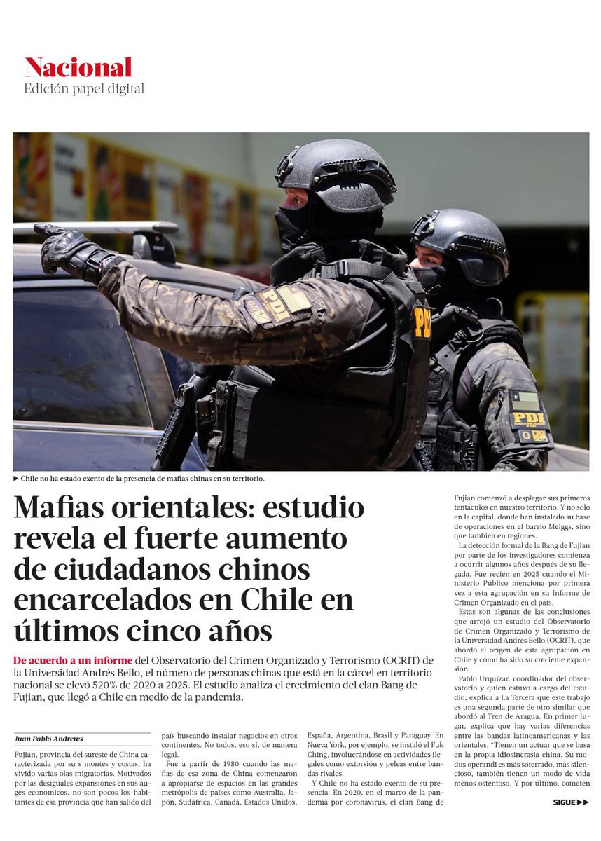 ippunab's tweet photo. 📰 @latercera destacó hoy el nuevo informe del OCRIT UNAB: Radiografía a las organizaciones criminales transnacionales en Chile: Clan Bang.

El estudio evidencia el aumento de la presencia del crimen organizado chino en el país. 
👉https://t.co/jOfzsCeUqi https://t.co/uEvdGhvzzT