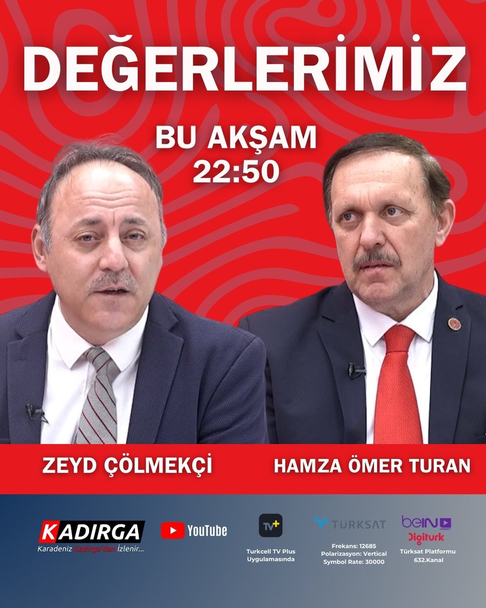 Zeyd Çölmekçi'nin sunduğu Hamza Ömer Turan'ın yorumladığı DEĞERLERİMİZ programı 22:50'de Kadırga TV ve Kadırga TV YouTube'da sizlerle
