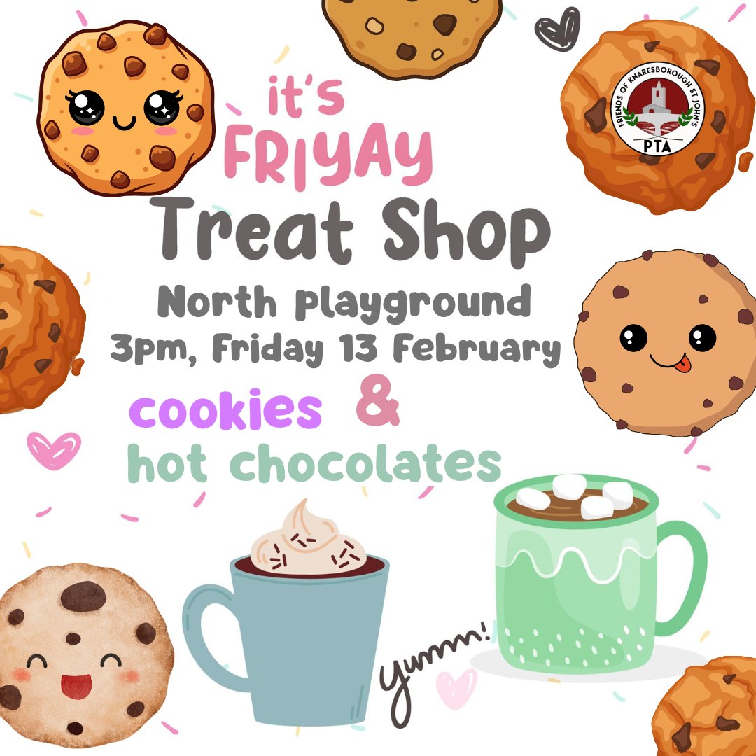 It’s Treat FriYAY! 🎉
Pop by the North Playground from 3pm for a tasty end-of-week treat.
🍪 Cookies – £1
☕ Hot chocolate – £2 (or £1.50 reusable cup)

<a href="/KSJ_Primary/">KnaresboroughCE</a> A lovely way to finish the school week 💛
