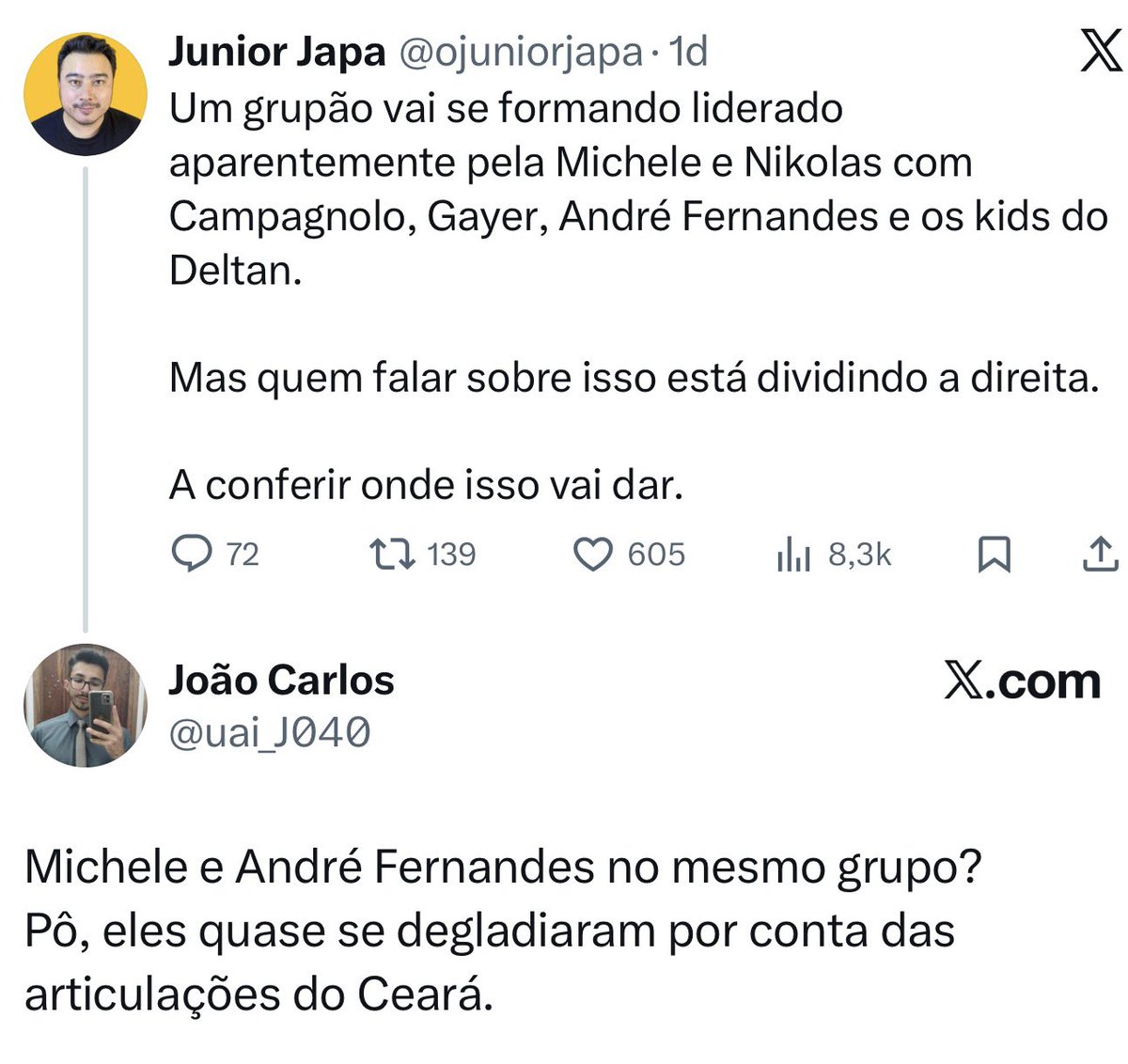 O que André Fernandes, Michelle e Gayer tem em comum? 

O grupão está formado e o trabalho já existe, mas não pode falar nisso pq ao cobrar união ao meu amigo Flávio e lealdade ao Bolsonaro estamos dividindo a direita. 

Quem passa pano é faxineiro, eu vou expor um por um!