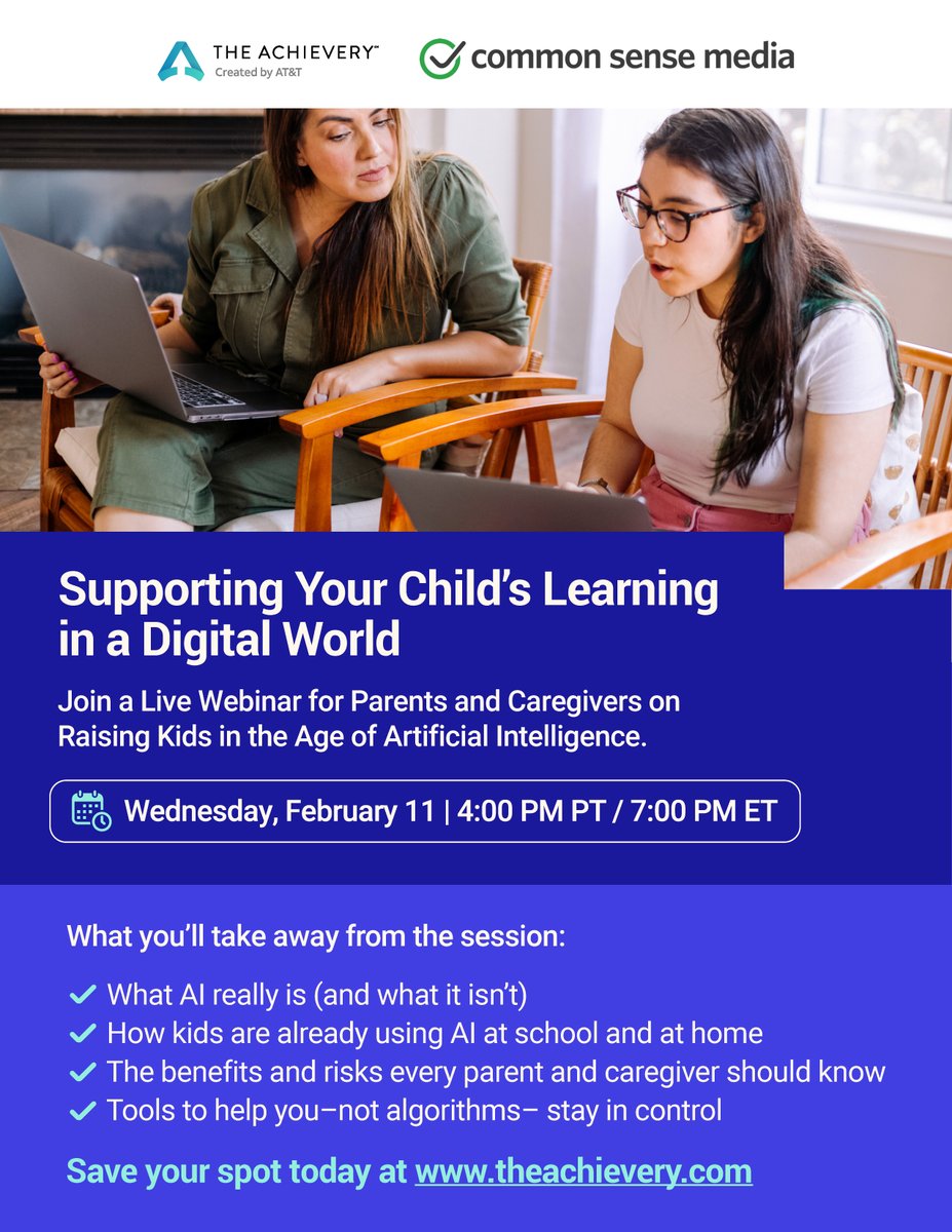 ATTENTION PARENTS! This one is for you.

A free webinar is taking place Feb. 11 on "Supporting your child's learning in a digital world." 

Find out what AI really is &amp; isn't, how kids are using it,  and get tools to help you stay in control. WATCH HERE: bit.ly/4tks42V