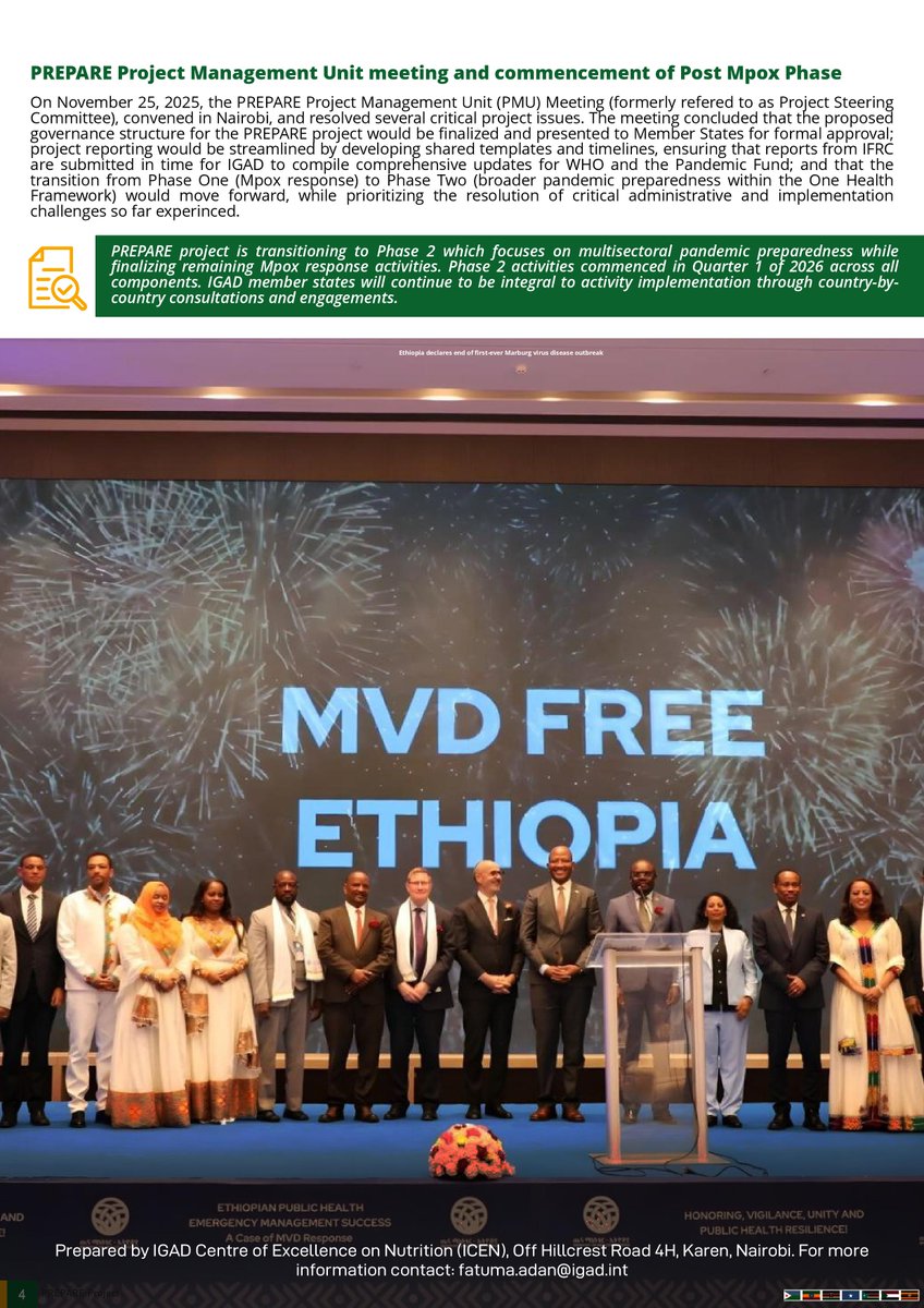 IGADHealthS's tweet image. 📝The 2nd IGAD Preparedness for Pandemic Response (#PREPARE) Project #Bulletin is out;

Read about;
🇪🇹 Ethiopia declares the end of its first Marburg virus outbreak
🤝 IGAD PREPARE recognized for its critical role
📉 Weekly Mpox cases in 🇺🇬 Uganda and 🇰🇪 Kenya continue to