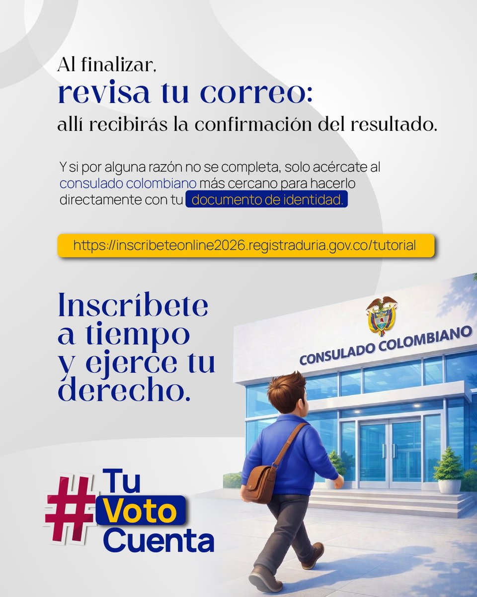 Si vives fuera de Colombia, el primer paso para votar en las Presidenciales 2026 es hacer tu inscripción en el aplicativo de inscripción biométrica (válido únicamente fuera de Colombia).

✅ Completa el proceso y revisa tu correo con la confirmación.

…ribeteonline2026.registraduria.gov.co/tutorial