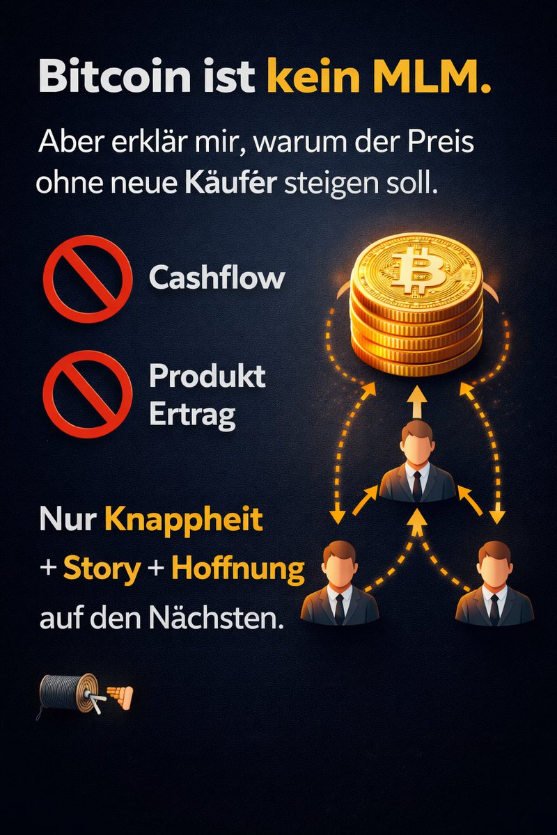DanKo16137462's tweet photo. Bitcoin ist kein MLM.
Aber erklär mir, warum der Preis ohne neue Käufer steigen soll.
Kein Cashflow. Kein Produkt. Kein Ertrag.
Nur Knappheit + Story + Hoffnung auf den Nächsten.
🧵👇 https://t.co/cUWw7q2JhM