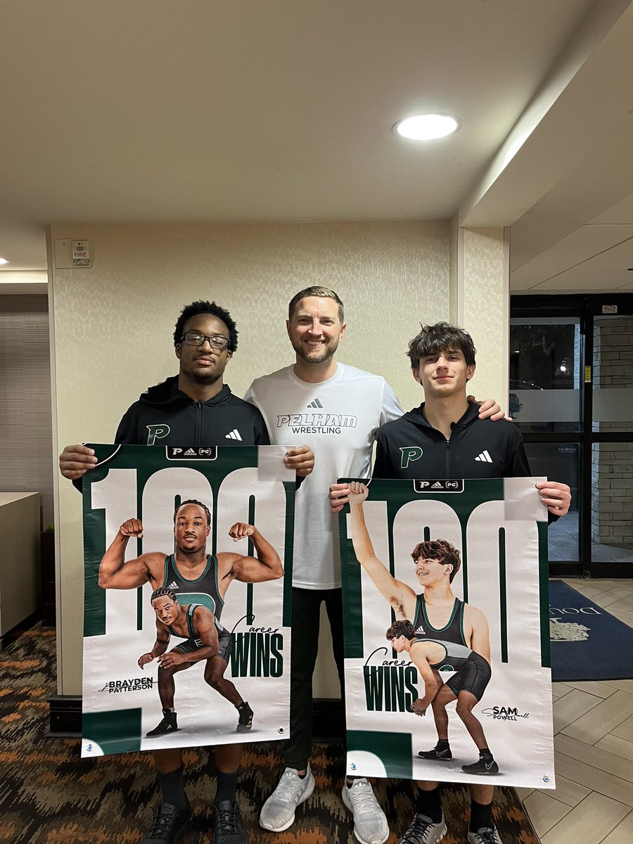 ThePelhamWayWRE's tweet photo. Can’t let this weekend get away without celebrating two of our seniors earning their 100th career win! Congrats to Sam Powell &amp; Brayden Patterson on outstanding careers and just in time to cap it off at the state tournament! #ThePelhamWay #PelhamWrestling 

@ThePelhamWaySOC https://t.co/l1ZSRQnDA7
