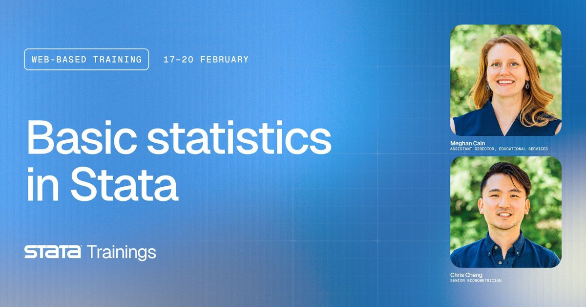 New training: “Basic statistics in Stata”

Learning statistics for the first time or need a refresher?
This hands-on course covers descriptive stats, correlation, 𝘵 tests, and much more. 

📅 17–20 Feb 

🔗 stata.com/training/publi…

#Stata #StataTraining #StataCommunity