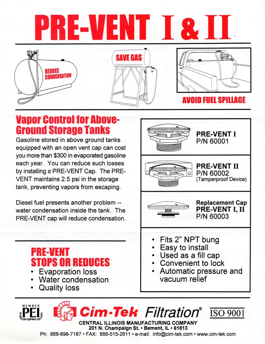 Cim-Tek Filtration 70th Anniversary Look Back - Cim-Tek has continually enhanced the Pre-Vent by integrating additional features. These vapor control caps for above ground storage tanks remain in production today. Archive document

#CimTek #CimTekFilters #70thAnniversary