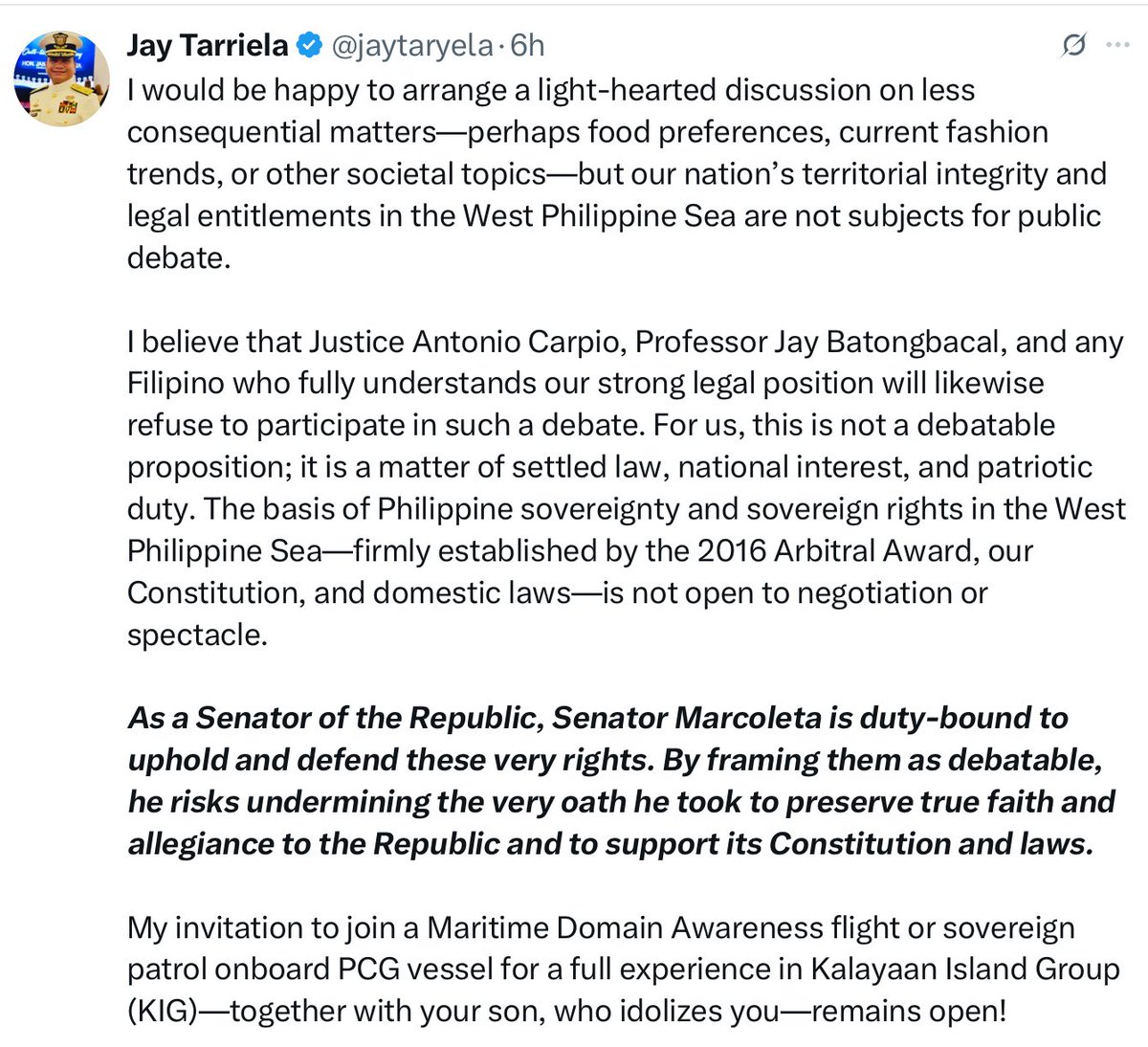 Classy response from Tariella. 

It’s time the Marcoletas board the PH boats habang wina-water canon ito or go visit the KIG and speak to the people living there and tell them we need to give that up.