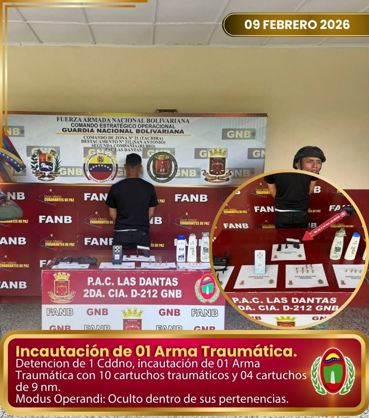 dest_212_ve's tweet photo. Mediante labores de inspección de vehículos y personas, se efectuó la detención de (1) ciudadano, quien transportaba de manera oculta en sus pertenencias (01) arma traumática, tipo pistola, (10) cartuchos traumáticos, (04) cartuchos 9 mm y (01) aeronave no tripulada (Dron). https://t.co/sXzymhf87b