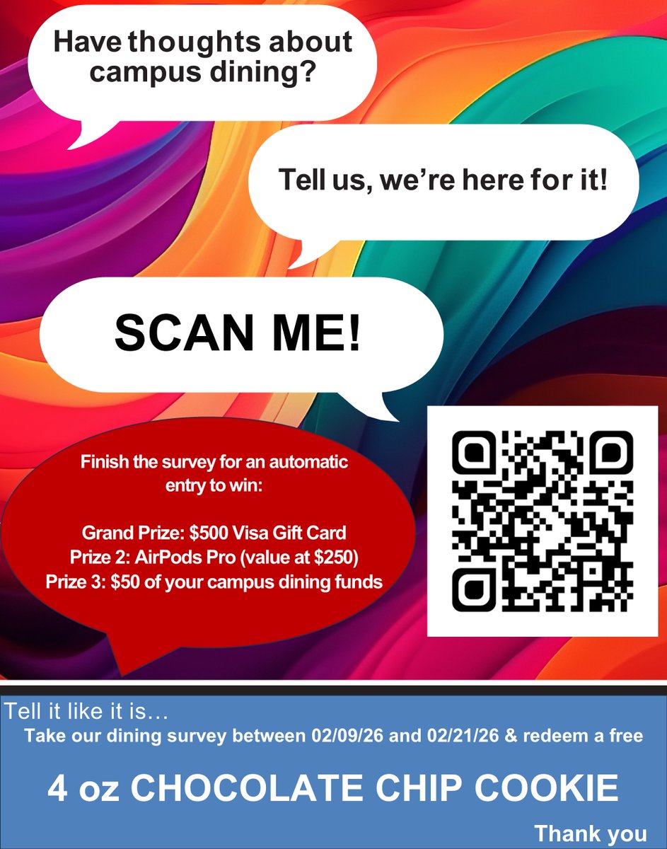 TELL US, WE ARE HERE FOR IT!
Please complete the survey by scanning the QR code or click on the link below. Thank you!
#Sodexo #Survey #CampusLife #leardistrict
qrflash.me/a/v84DE7