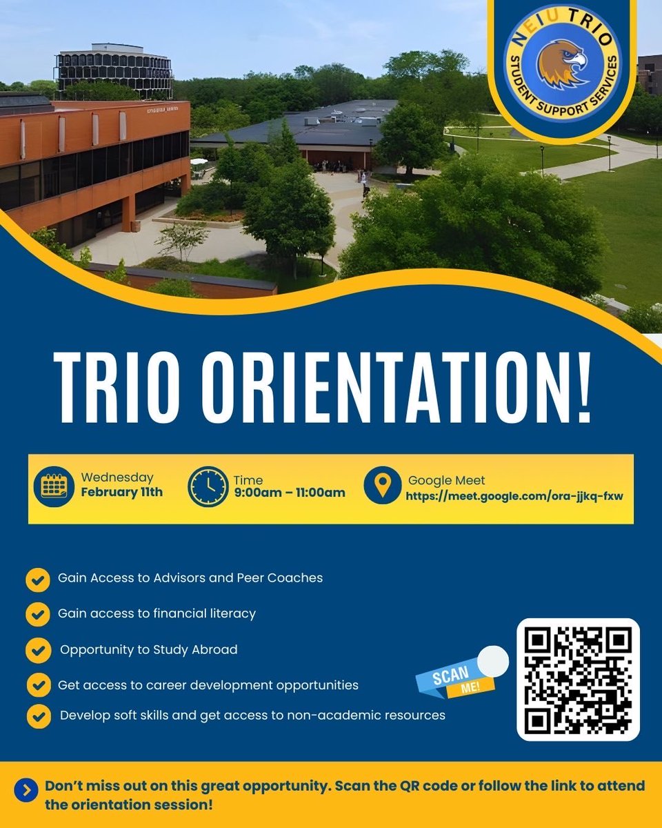 NEIUTRIO's tweet image. Join us for an informational session to learn more about TRIO programs, resources, and opportunities. Attend our upcoming session on 𝐅𝐞𝐛𝐫𝐮𝐚𝐫𝐲 𝟏𝟏𝐭𝐡 to see how TRIO can support your academic journey. 

Scan the QR code or sign up here:
meet.google.com/ora-jjkq-fxw

#TRIOSSS