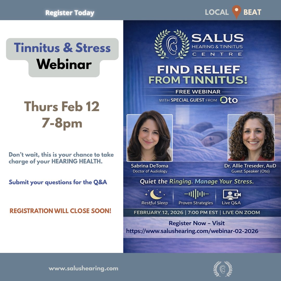 🎧 Struggling with Tinnitus and Stress?
Join our free webinar and discover practical tips to manage tinnitus 
⏰ Registration closes soon!
👉 Click the link below to secure your spot now: salushearing.com/webinar-02-2026
Take control of your hearing health today! 👂💙