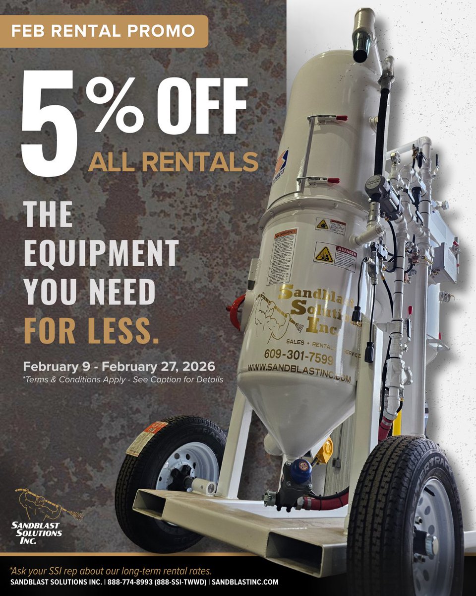 February Rental Special
5% off all rental equipment.

- Rental agreement must be completed between 2/9–2/27 to qualify.
- Discount applies for the life of the rental.
- Discount applies to new rentals only, it does not apply to existing rentals.
