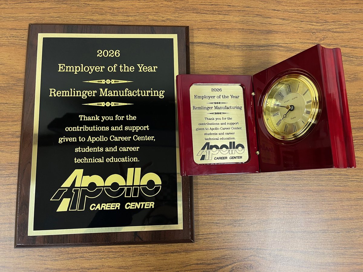 RemlingerMfg's tweet photo. We’re honored to be named @ApolloCC Employer of the Year!

Thank you to Apollo Career Center, the dedicated educators, and the amazing students who make partnerships like this so impactful. We’re proud to be part of your journey!

#nextready https://t.co/Jx5iJJ3Cs7