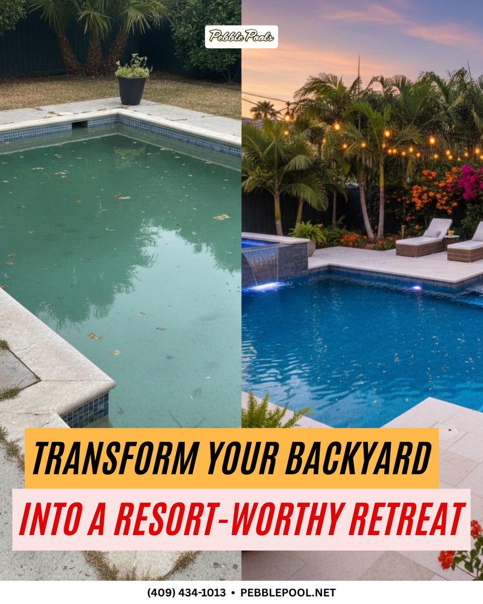 pebblepoolsbmt's tweet image. Tired of a dull pool? 😬💦 We handle renovations and repairs that turn outdated pools into stunning backyard showstoppers. Dive back into style and function. (409) 434-1013 | bit.ly/4p7IuZK

#PoolRenovation #PoolRepairs #BackyardGoals #ResidentialPools #CustomPools