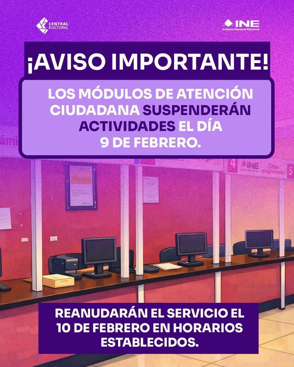 ⚠️ ¡Tómalo en cuenta!

Hoy 9 de febrero, los #MódulosDeAtenciónCiudadana del INE no darán servicio🤚

Si tienes trámites pendientes como: ✅ inscripción al padrón ✅ cambio de domicilio ✅ reposición o renovación, ¡te esperamos el 10 de febrero! ✍️✨