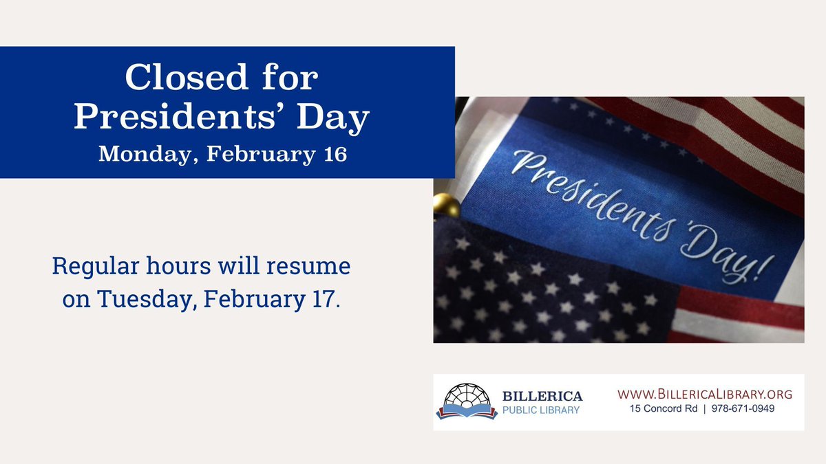 📚✨The Library will be closed next Monday, February 16, for Presidents' Day. Our e-resources are available 24/7 on our website.🌐📖