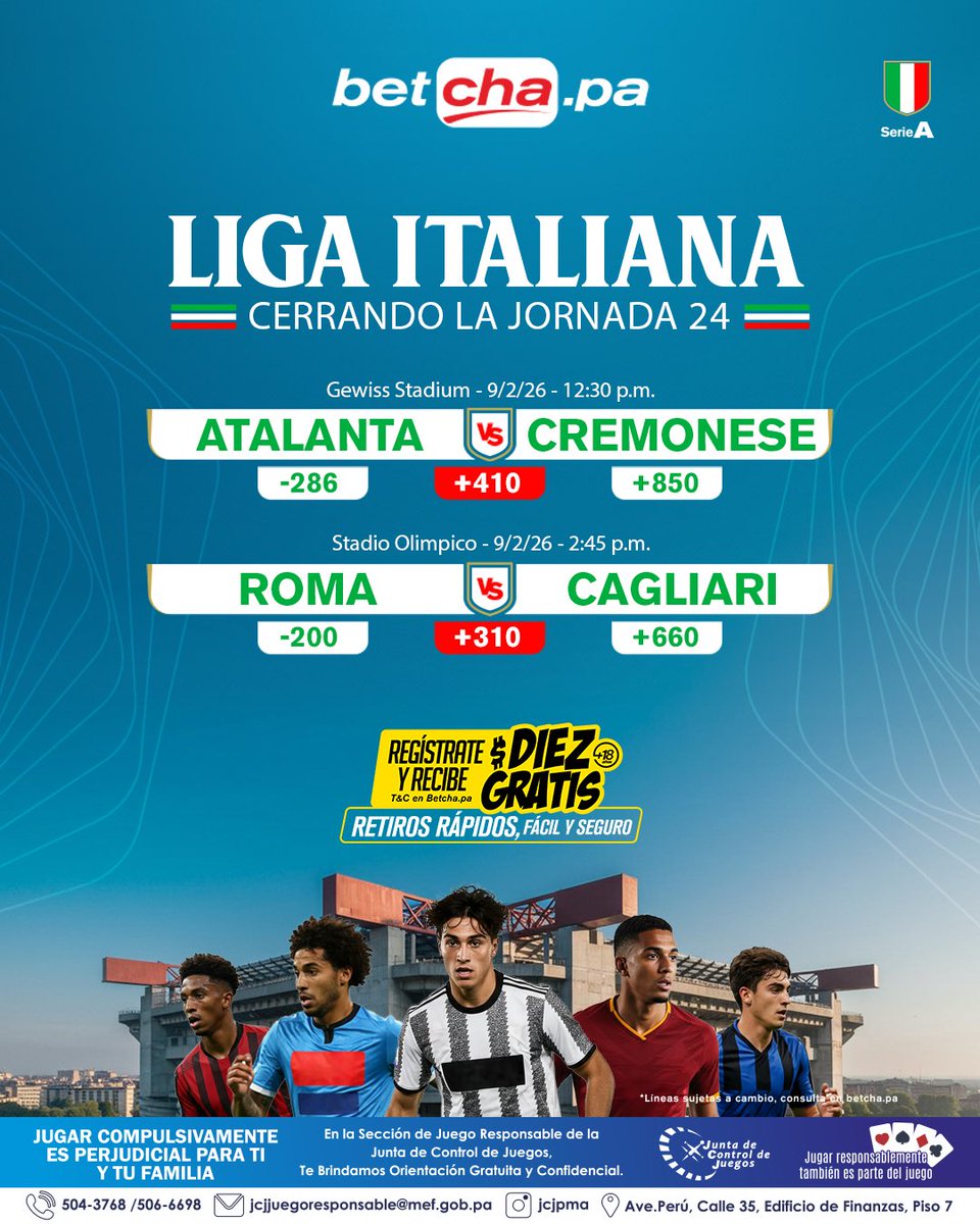 Doblete para hoy en 🇮🇹⚽️

Cerrando la jornada 24 tenemos hoy estos dos partidos para que juegues en betcha.pa ✔️ 

12:30 p.m. Atalanta 🆚 Cremonese
2:45 p.m. Roma 🆚 Cagliari

Elige tus piques y arma tu parlay en betcha.pa 

📲 Regístrate en