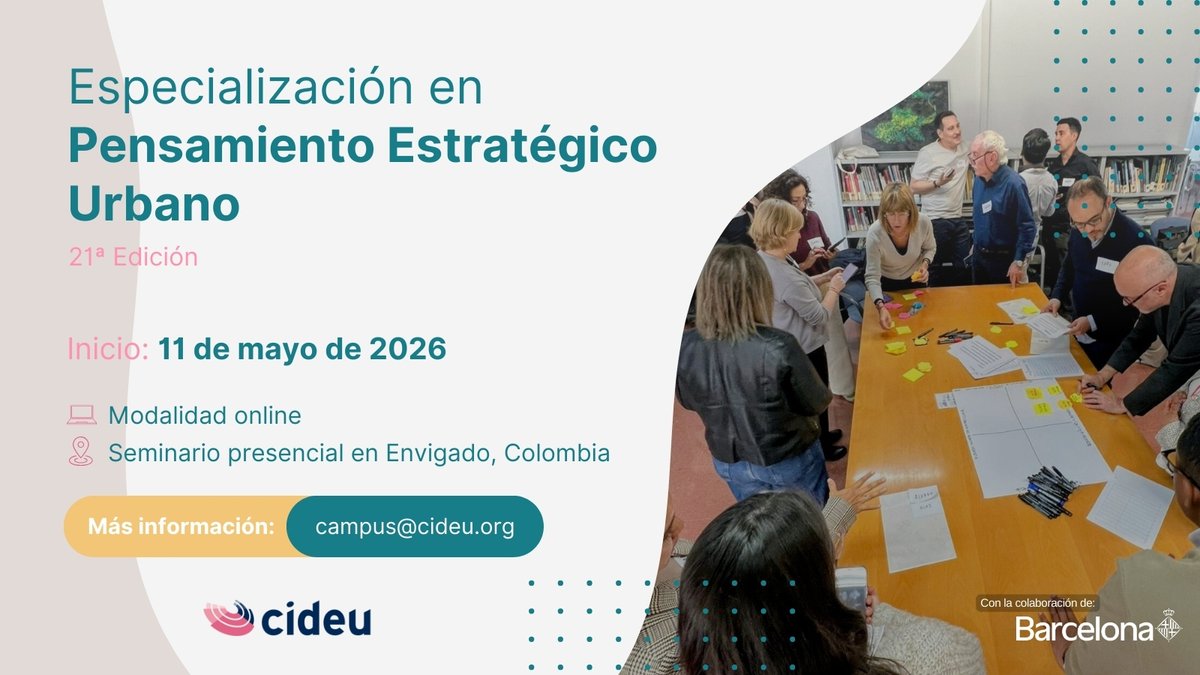 CIDEU's tweet image. 📢 Inscripciones abiertas
Ya puedes inscribirte en la 21ª edición de la #EspecializaciónCIDEU en Pensamiento Estratégico Urbano, una formación semipresencial dirigida a profesionales que trabajan en la planificación y gestión estratégica de ciudades iberoamericanas.

Esta edición…