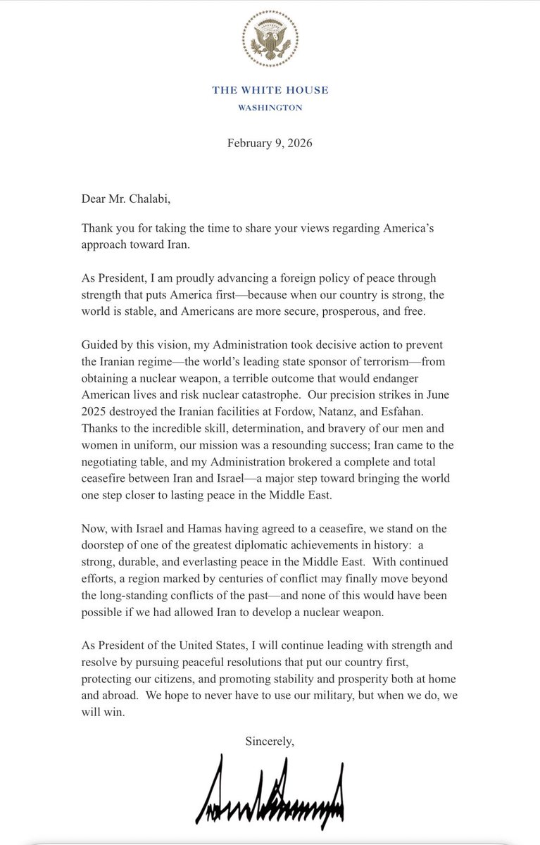 Today I received a formal response from the President of the United States <a href="/realDonaldTrump/">Donald J. Trump</a> regarding my letter on #Iran, and I appreciate his attention to this issue.
It is a reminder that raising concerns about human rights, equal citizenship, and dignity for all Iranians,