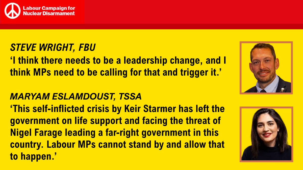 LabourCND's tweet photo. Leaders of two Labour-affiliated unions, @fbunational  & @TSSAunion  want a change of Labour leader.  Scottish Labour want a change of leader. 34 % of party members want a change of leader.
@LabourCND says: A different leader won’t cut it. Labour needs a new course.