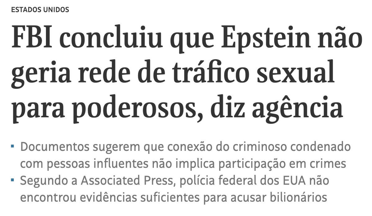 Basta uma leve olhada nos arquivos que estão públicos (não foram todos liberados) pra entender o motivo dessa "conclusão". Se concluir ao contrário, tem que investigar Bannon, Clinton, Trump, Gates, ex-príncipe Andrew, a família real norueguesa... e não acaba mais.

O pacto da