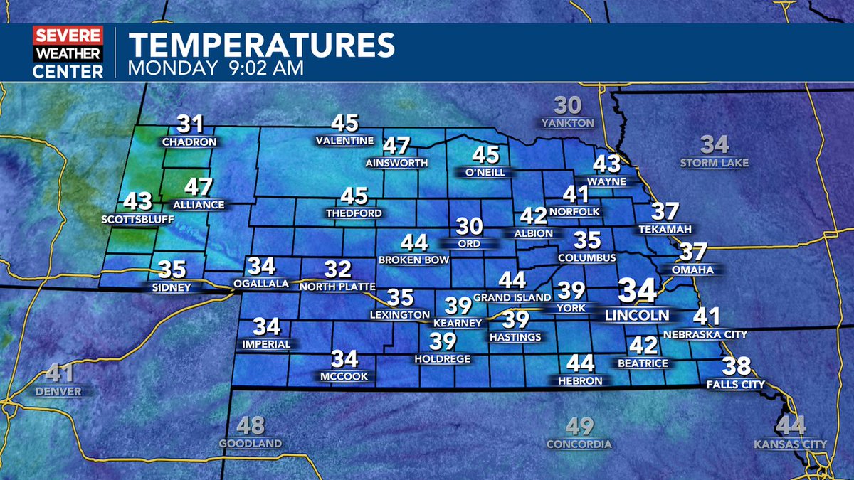 Here are the 9 AM temperatures across Nebraska.